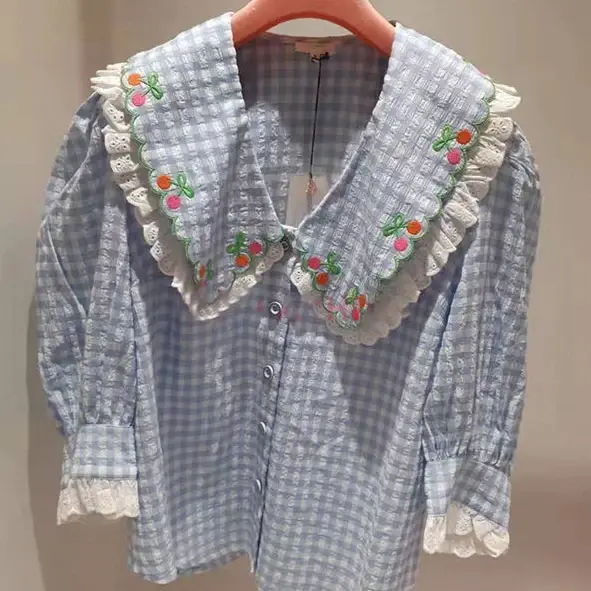Chemises à carreaux douces pour femmes, col Peter Pan, manches bouffantes d'été, broderies, chemisie