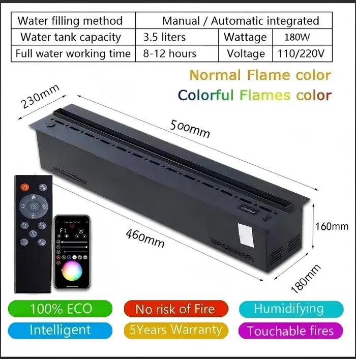 Cheminée à vapeur d'eau intelligente avec télécommande, effet de flamme 3D, lumière d'ambiance, sans