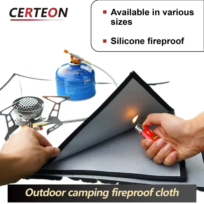 Tapis Ignifuge Portable en Fibre de Verre Revêtue de Silicone Multi Tailles pour Barbecue Feu de Camp Camping Terrasse et Plancher en Bois