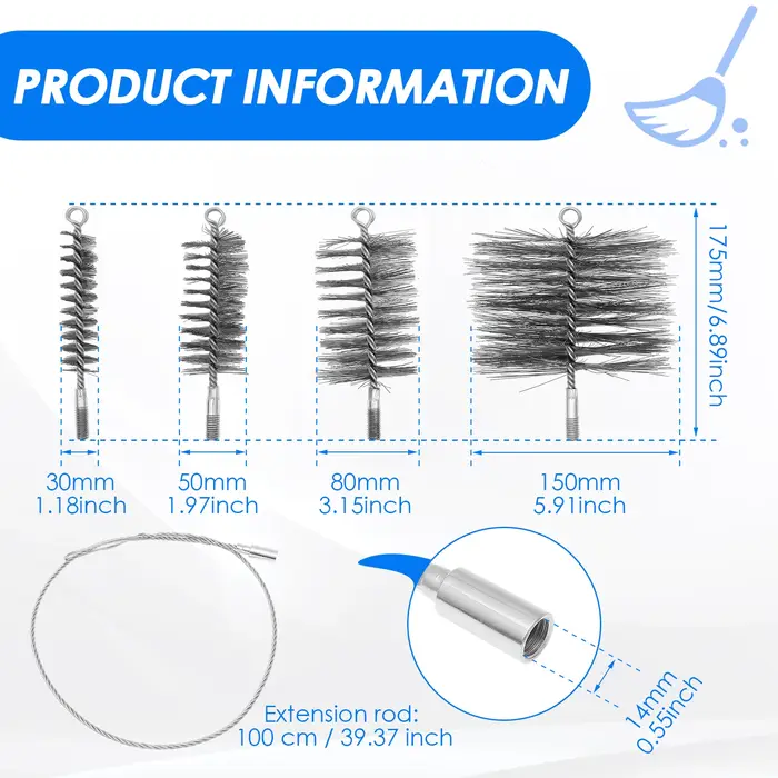 Ensemble de brosses de poêle en acier, 5 pièces, brosse de nettoyage de tuyaux de poêle à combustion
