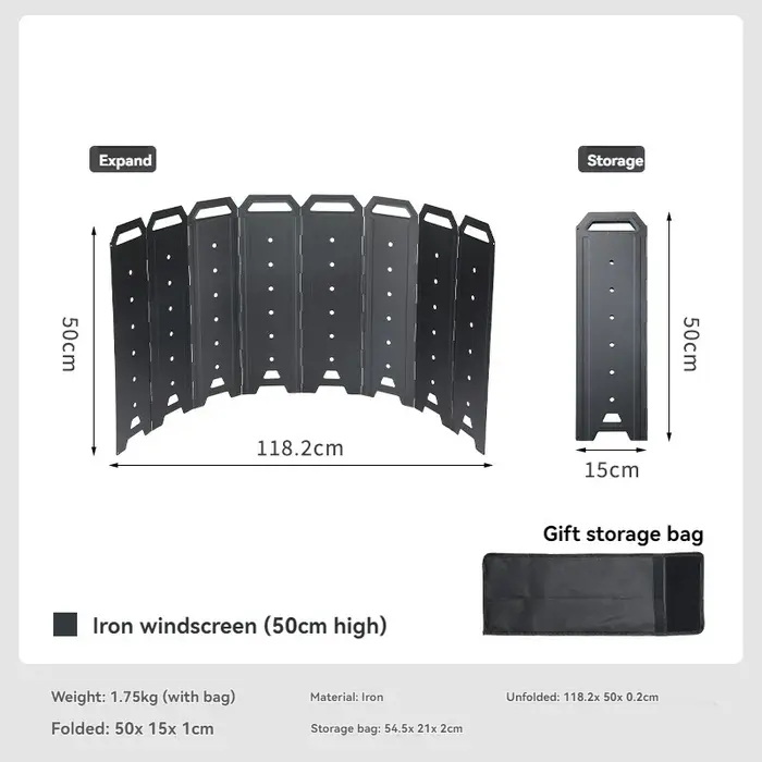 Paravent de camping grand format campingmYD-50 pour foyer et poêle à bois : Écran pare-vent en fer à