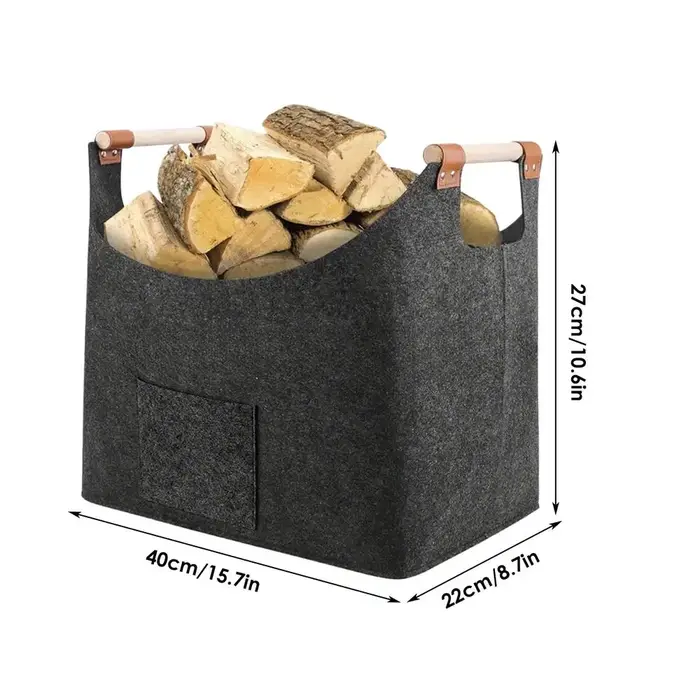 Panier en feutre, boîte à bois de chauffage avec poignées en bois, panier en bois pliable pour bois 