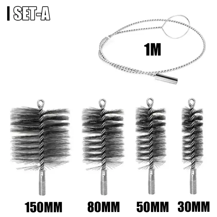 Kit de nettoyage de cheminées, brosse métallique de 30/50/80/150 mm, rallonge métallique de 1 m, con