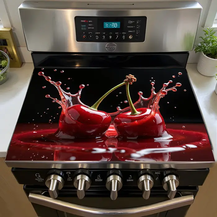 Housse de poêle Cherry Splash – Tapis en céramique résistant à la chaleur avec motif artistique ceri