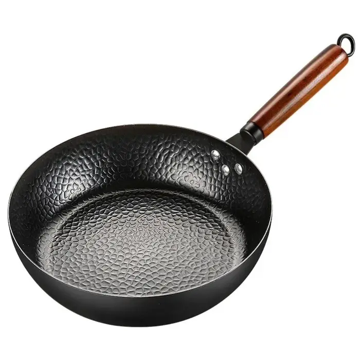Poêle en fonte épaisse forgée à la main, manche en bois, Wok en fer martelé non revêtu, outils de cu