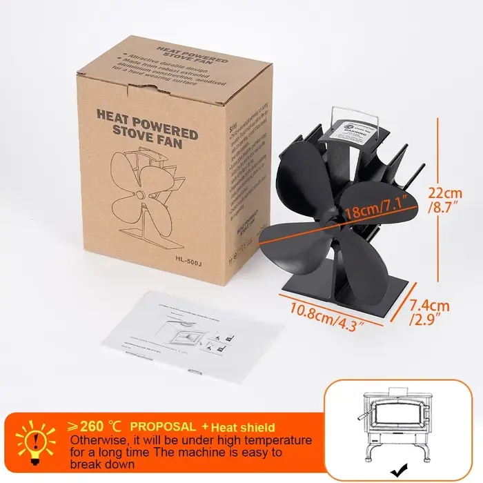 Ventilateur de poêle à bois à 4 pales, noir, alimenté par la chaleur, silencieux, efficace, pour la 